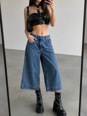 A.Lab Mega Rave Analog Wide Leg Denim Capris Alien Patch Size 2